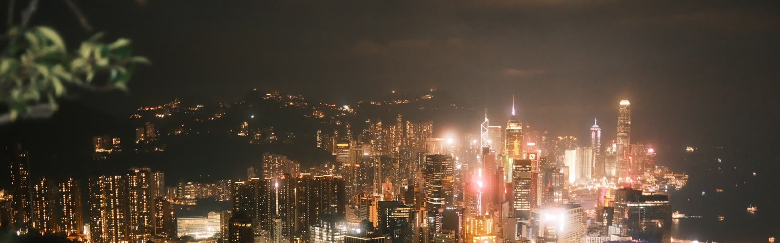 A city skyline at night, seen from a lookout above it.